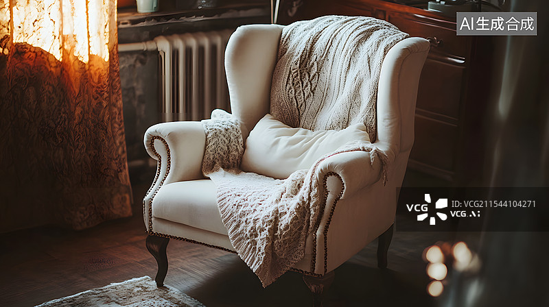 【AI数字艺术】室内空间单人沙发特写，暖色温暖灯光，宁静氛围图片素材