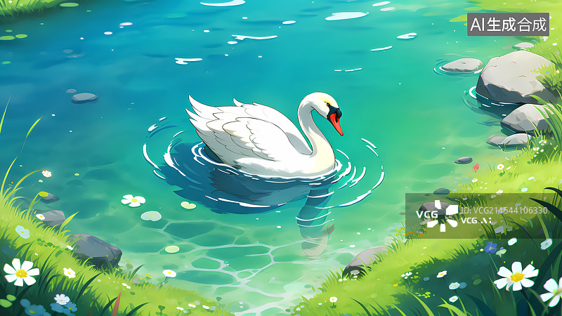 【AI数字艺术】荷塘中的白天鹅插画图片素材