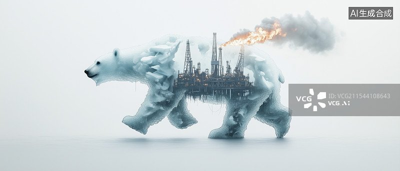 【AI数字艺术】北极熊身形中包含石油钻井平台的冒烟燃烧场景，突显环保危机图片素材