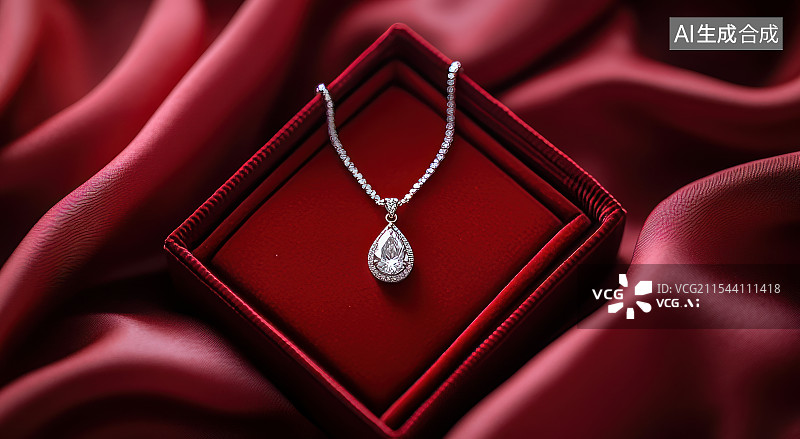 【AI数字艺术】红丝绒礼盒中的钻石项链图片素材