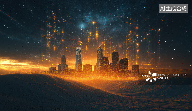 【AI数字艺术】金色粒子波浪光线与未来城市夜景背景图片素材