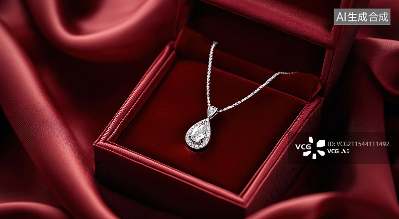 【AI数字艺术】红丝绒礼盒中的钻石项链图片素材