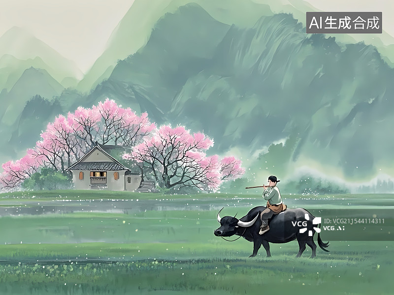 【AI数字艺术】清明时节杏花村牧童水墨画图片素材