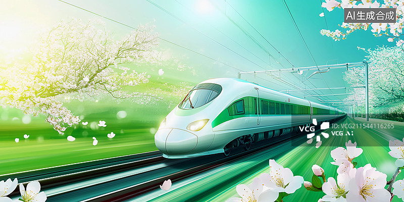 【AI数字艺术】梨花下的春日列车高铁和动车图片素材