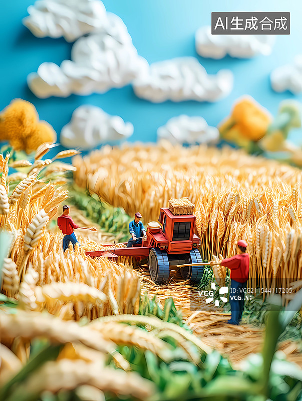 【AI数字艺术】纤维叠画风格农民开着拖拉机收割麦子图片素材