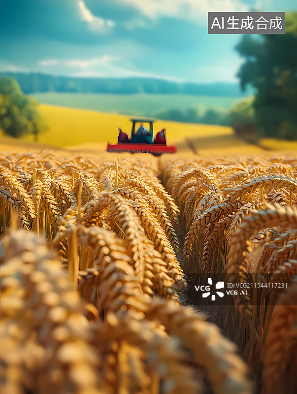 【AI数字艺术】纤维叠画风格农民开着拖拉机收割麦子图片素材