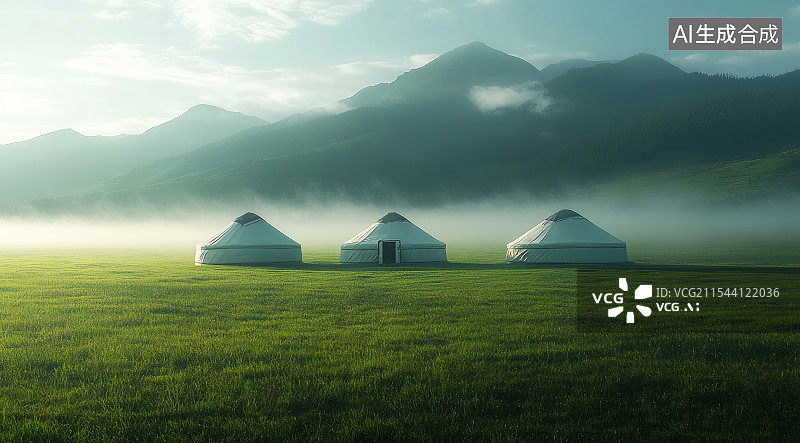 【AI数字艺术】蒙古包与草原晨雾图片素材