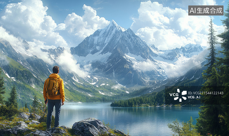 【AI数字艺术】登山徒步者与雪山高原湖泊图片素材