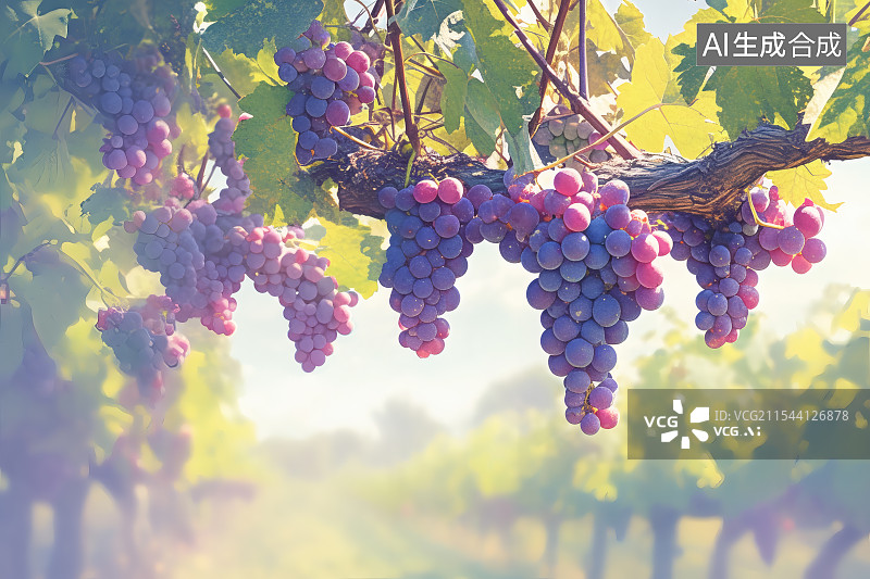 【AI数字艺术】清晨阳光直射在葡萄园中的葡萄树上图片素材