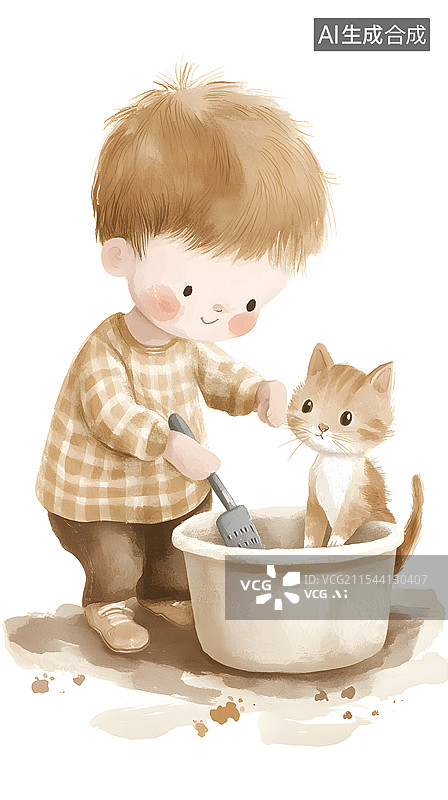 【AI数字艺术】小男孩和小猫卡通插画图片素材