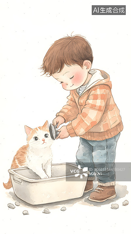 【AI数字艺术】小男孩和小猫卡通插画图片素材