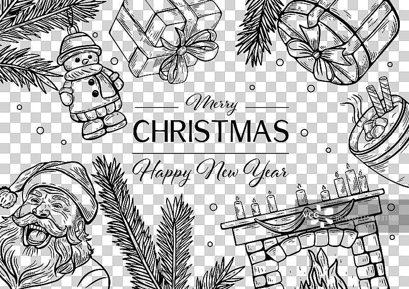 复古风格的圣诞和新年贺卡素描图片素材