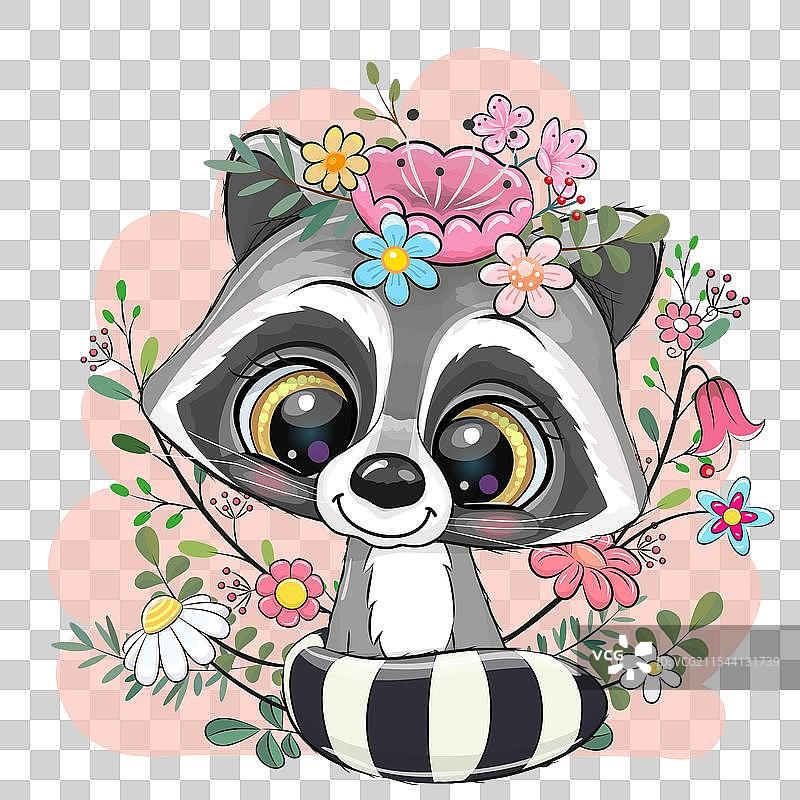 卡通浣熊与花朵和树枝图片素材