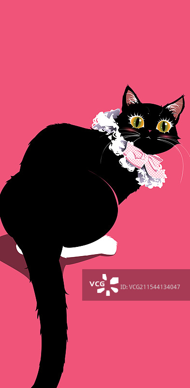 可爱的黑色猫咪戴蝴蝶结的猫咪宠物动物回头看大眼萌扁平化插画图片素材