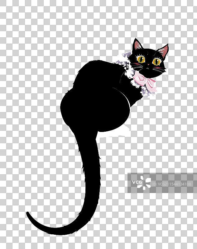 可爱的黑色猫咪戴蝴蝶结的猫咪宠物动物回头看大眼萌扁平化插画素材图片素材