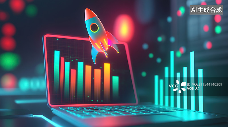 【AI数字艺术】未来派3D赛博朋克卡通火箭穿梭霓虹元宇宙上升柱状图笔记本冲出火箭销量上升商业增长海报图片素材
