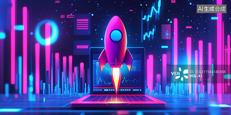 【AI数字艺术】未来派3D赛博朋克卡通火箭穿梭霓虹元宇宙上升柱状图笔记本冲出火箭销量上升商业增长海报图片素材
