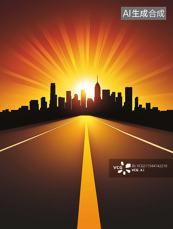 【AI数字艺术】日落时分通往城市地平线的公路插图图片素材