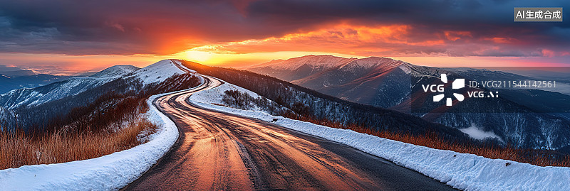 【AI数字艺术】冬日仙境之路汽车广告背景雪山景观中的急转弯冰雪道路极端天气自驾游数字媒体海报背景发布会图片素材