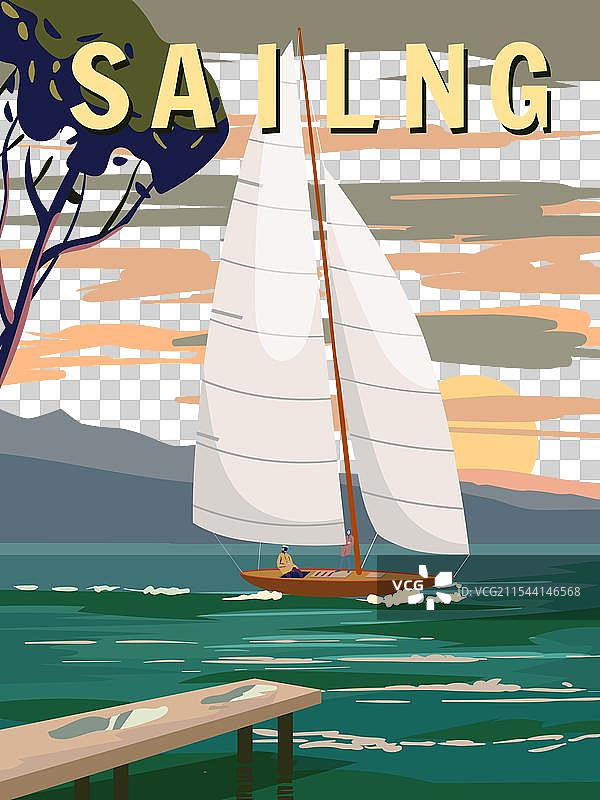 复古帆船海报，航行在海洋上的游艇图片素材