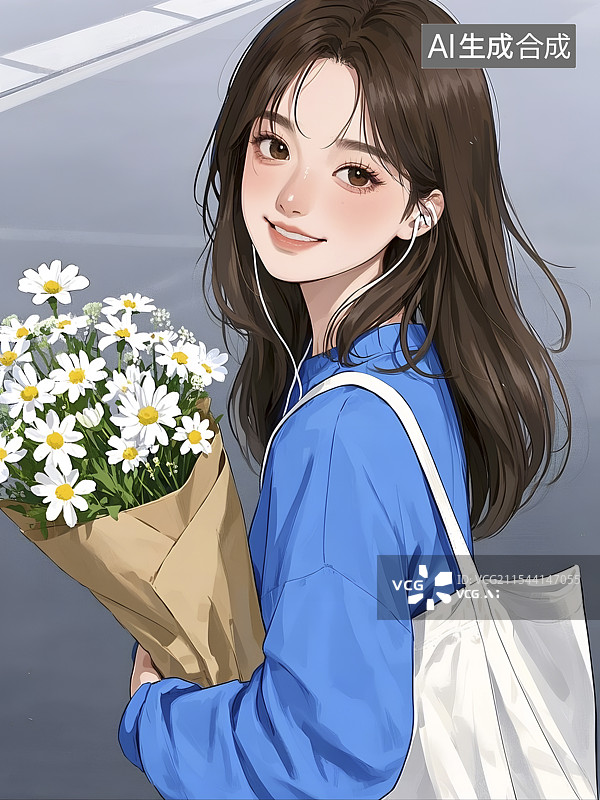 【AI数字艺术】戴着耳机手捧鲜花的女孩图片素材