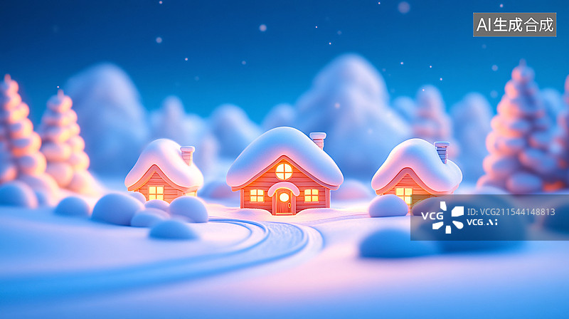 【AI数字艺术】冬日雪景小屋的三维场景图片素材