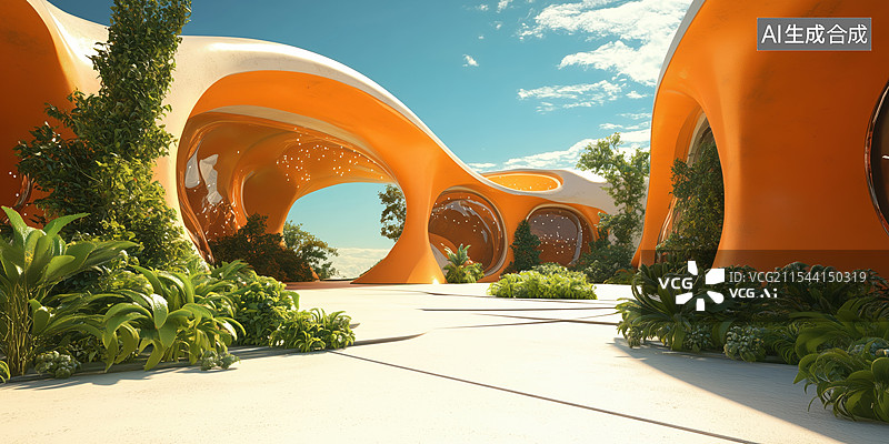 【AI数字艺术】晴朗科幻外星球上的橙色抽象风格建筑3D立体插画图片素材