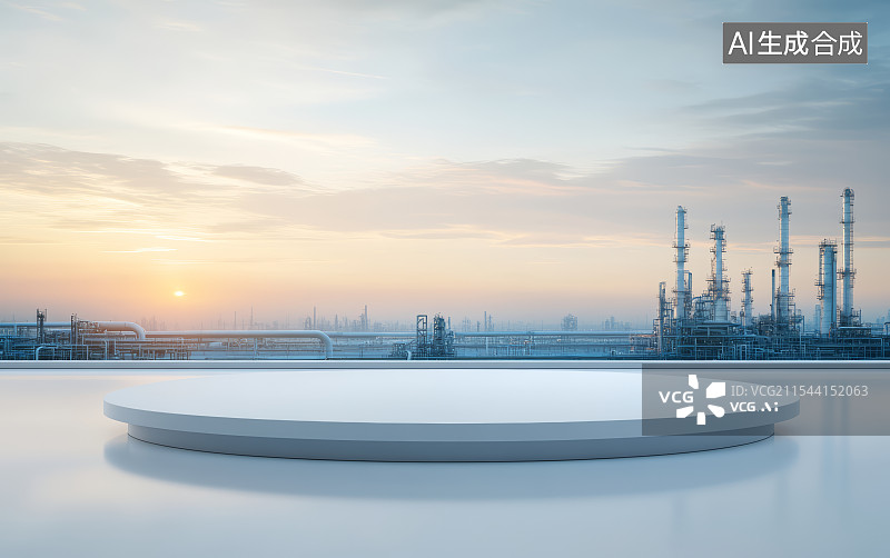 【AI数字艺术】化工厂背景的工业产品展示台图片素材