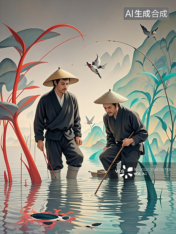 【AI数字艺术】水墨渔夫图图片素材