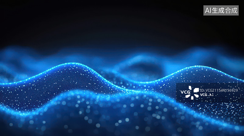 【AI数字艺术】蓝色波浪光迹与发光粒子图片素材