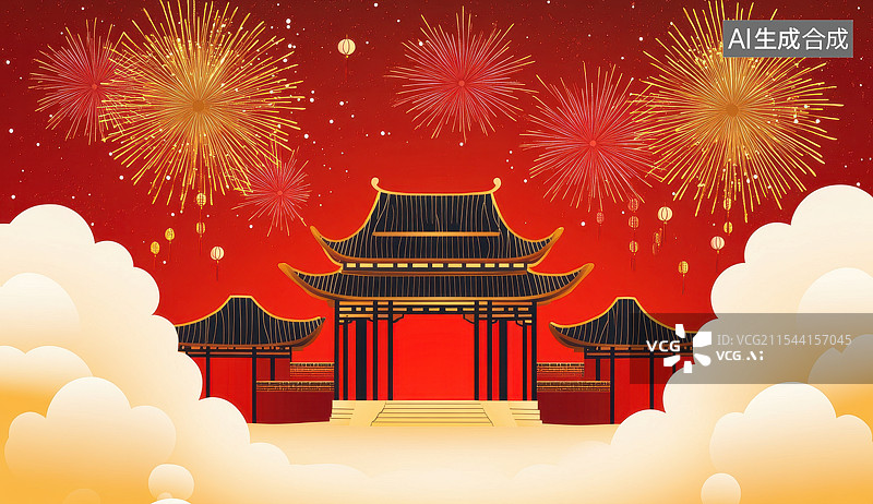 【AI数字艺术】中秋节国庆节中国国潮风古建筑城市烟花焰火庆祝喜庆科技概念抽象PPT插画海报红色背景图片素材