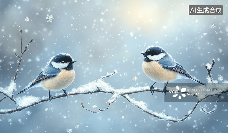 【AI数字艺术】两只色彩斑斓的小鸟，它们栖息在一根被雪覆盖的树枝上。背景是柔和的冬季景色，雪花轻轻飘落图片素材