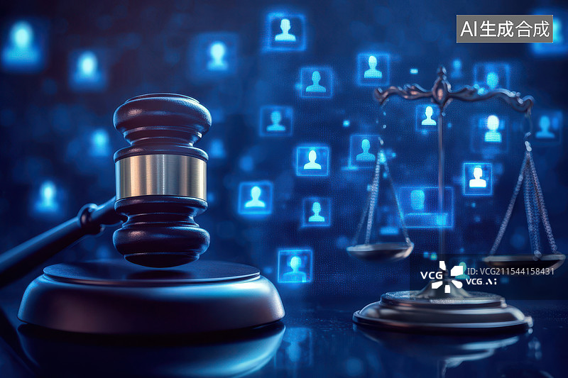 【AI数字艺术】一只数字化法槌在数据背景下图片素材