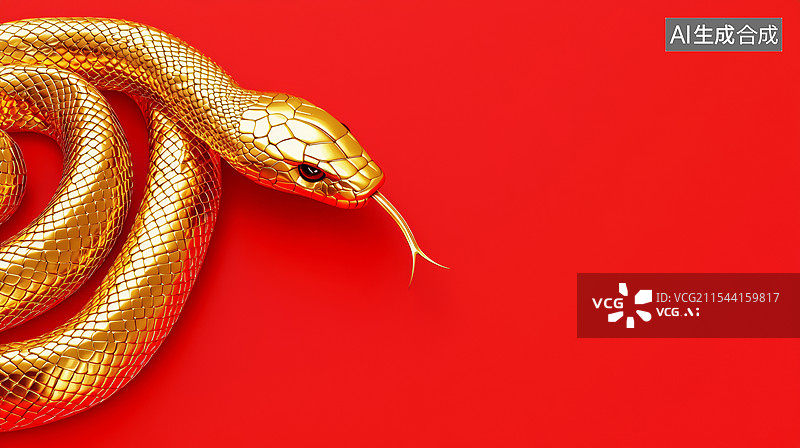 【AI数字艺术】3D蛇年喜庆黄金蛇金属质感华丽时尚抽象曲线高级感新年春节贺卡海报吉利插画商务金融红色留白国风背景图片素材
