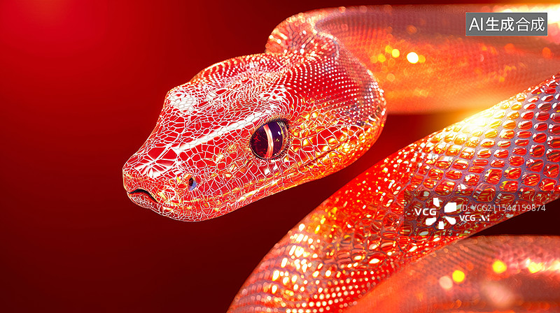 【AI数字艺术】3D蛇年喜庆渐变金红蛇金属质感华丽时尚抽象曲线高级感新年春节贺卡海报吉利插画金色红色留白国风背景图片素材