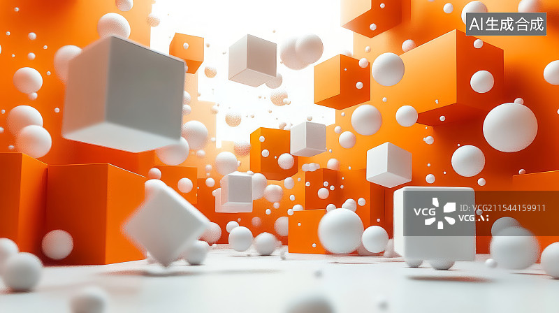 【AI数字艺术】抽象悬浮空中的橙色白色几何立方体科技商务背景图片素材