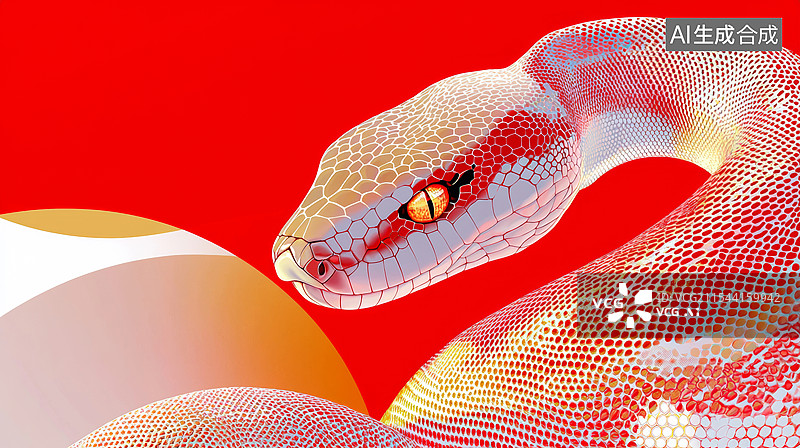 【AI数字艺术】3D蛇年喜庆蛇鳞质感华丽时尚抽象曲线高级感新年春节贺卡海报吉利插画商务金银红色大气喜庆国潮背景图片素材