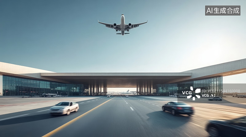 【AI数字艺术】现代大型国际机场航站楼出发层和道路图片素材