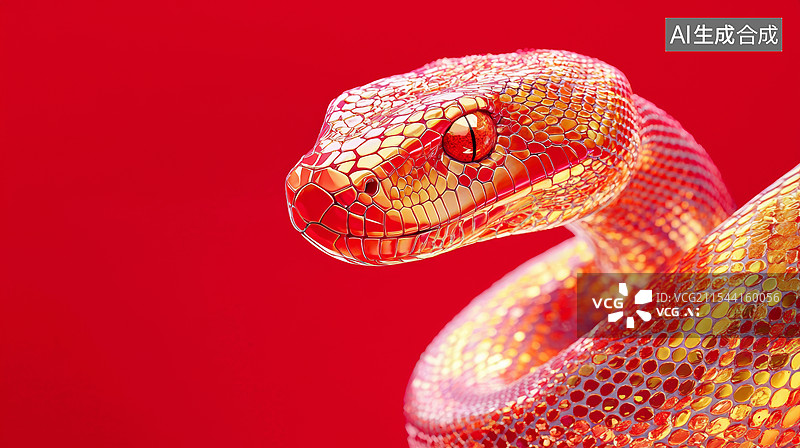 【AI数字艺术】3D蛇年喜庆渐变金红蛇金属质感华丽时尚抽象曲线高级感新年春节贺卡海报吉利插画金色红色留白国风背景图片素材