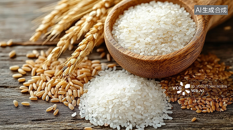 【AI数字艺术】木桌上一碗大米和散落的稻谷，世界粮食日概念图片素材