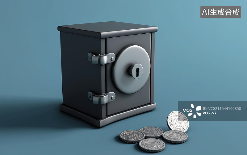【AI数字艺术】3D卡通保险箱保险柜和散落的金币硬币，投资理财储蓄金融安全概念背景图片素材