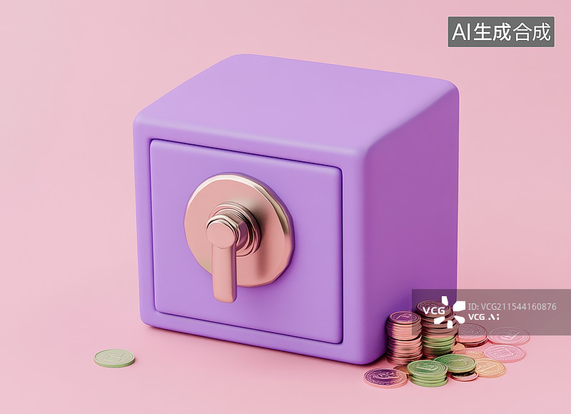 【AI数字艺术】3D卡通保险箱保险柜和散落的金币硬币，投资理财储蓄金融安全概念背景图片素材