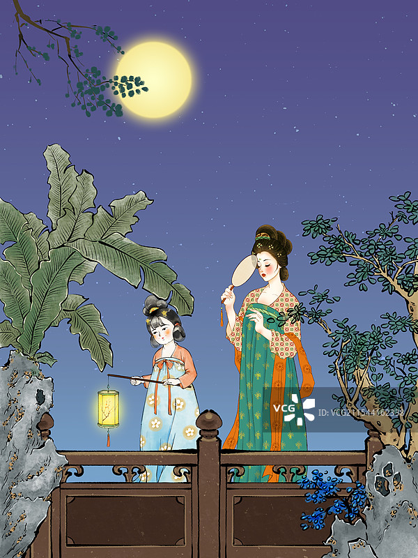 夏天圆月的夜晚唐朝汉服美女行走在中式庭院里的桥上图片素材