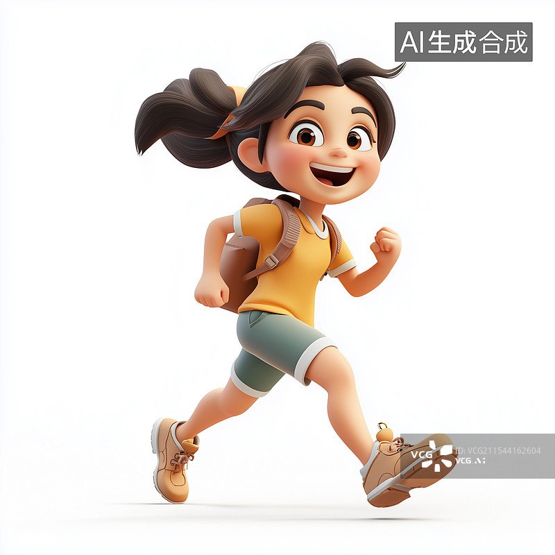 【AI数字艺术】背着棕色背包穿着黄色上衣的卡通女孩笑容灿烂活力奔跑图片素材