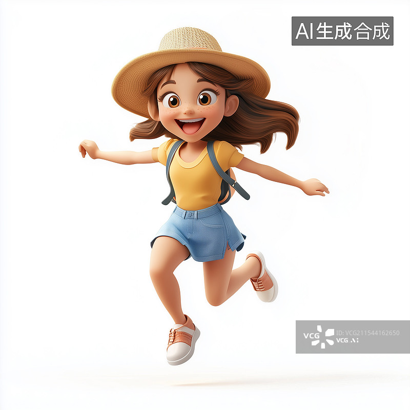【AI数字艺术】头戴草帽穿着黄色上衣蓝色短裤的卡通女孩活力奔跑图片素材