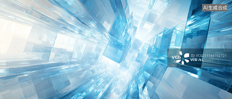【AI数字艺术】由蓝色透明长方体方块构成的抽象空间，方块交错层叠，光影闪烁，充满科技未来感图片素材