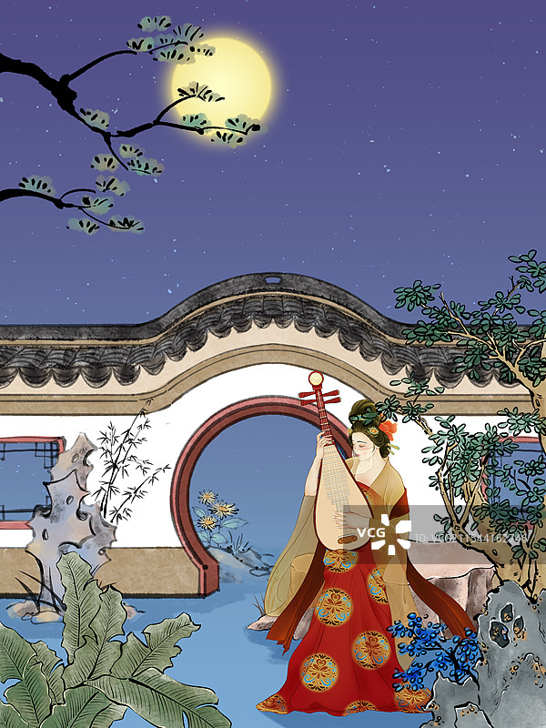 夏天圆月夜晚唐朝汉服美女在中式庭院里演奏琵琶的场景插画图片素材