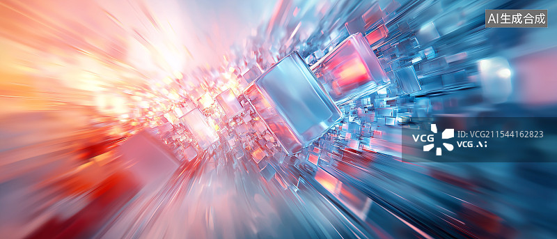 【AI数字艺术】由蓝色透明长方体方块构成的抽象空间，方块交错层叠，光影闪烁，充满科技未来感图片素材