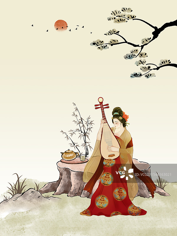 戴着面纱的唐朝汉服美女坐在户外的木桩上弹琵琶。图片素材