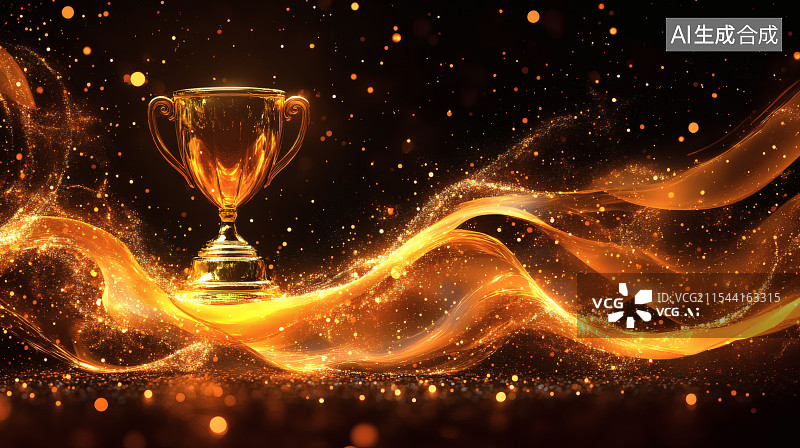 【AI数字艺术】黑色背景下金子粒子组成丝带与金色的奖杯的典礼背景图图片素材